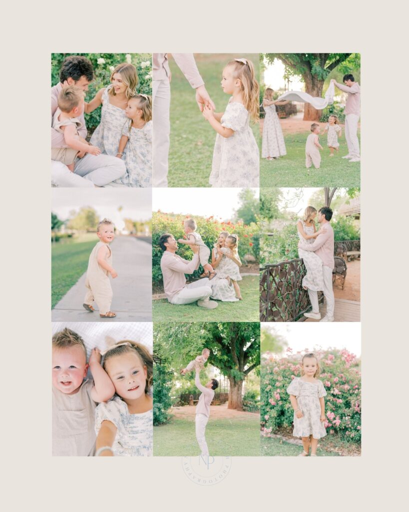 gallery layout of a happy family playing in the rose garden.