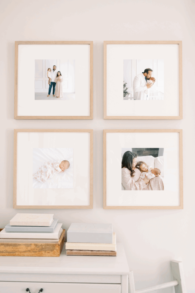 a 4 frame layout on the wall of a family's Phoenix newborn studio session.