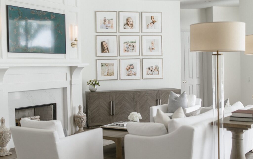 9 frames hung on a wall in Scottsdale Arizona showing a family.